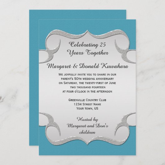 ターコイズブルー オーナメント シルバーフレーム 25周年 招待状 (正面/裏面)