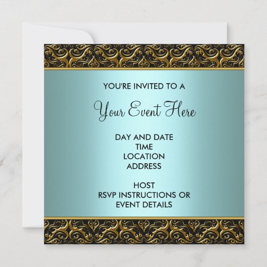 ターコイズブルー オールオケージョン ブラック ダマスク パーティー テンプレート インビ (裏面)