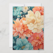 ターコイズブルー、コーラル、シャンパンの花をあしらった結婚式 招待状 (裏面)