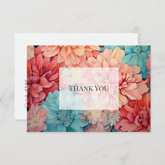 ターコイズブルー、コーラル、シャンパンの花束 サンキューカード (正面/裏面)