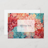 ターコイズブルー、コーラル、シャンパンの花 サンキューカード (正面/裏面)