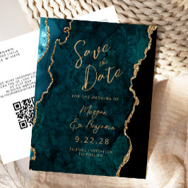 ターコイズブルー+ゴールド+アゲート QRコード Save the Date 案内ポストカード