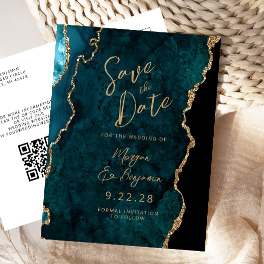 ターコイズブルー+ゴールド+アゲート QRコード Save the Date 案内ポストカード