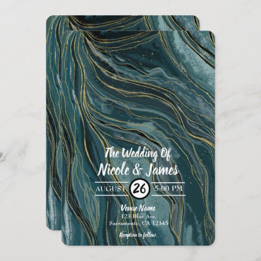ターコイズブルー ゴールド アブストラクト ウォーターカラー ウェディング 招待状 (正面/裏面)