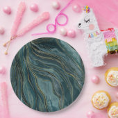 ターコイズブルー ゴールド アブストラクト ウォーターカラー ウェーブ ペーパープレート (パーティー)