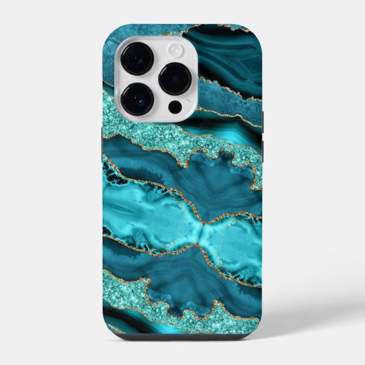 ターコイズブルー ゴールド ギッター iPhoneケース iPhone 14 Proケース (裏面)