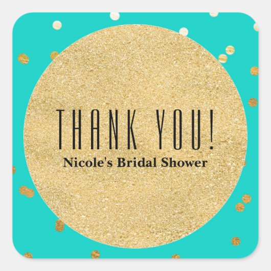 ターコイズブルー&ゴールド シャイニー コンフェッティ ドット モダン スクエアシール (正面)
