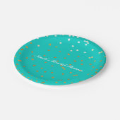 ターコイズブルー & ゴールド シャイニー コンフェッティ ドット モダン ペーパープレート (アングル)