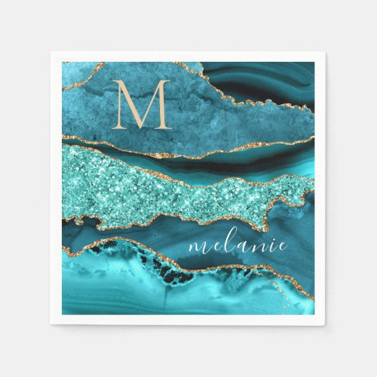 ターコイズブルー ゴールド マーブル カスタムレター 名前 ナプキン スタンダードカクテルナプキン (正面)