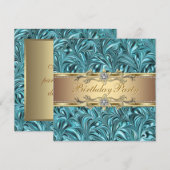 ターコイズブルー ゴールド 誕生日パーティー招待状 招待状 (正面/裏面)