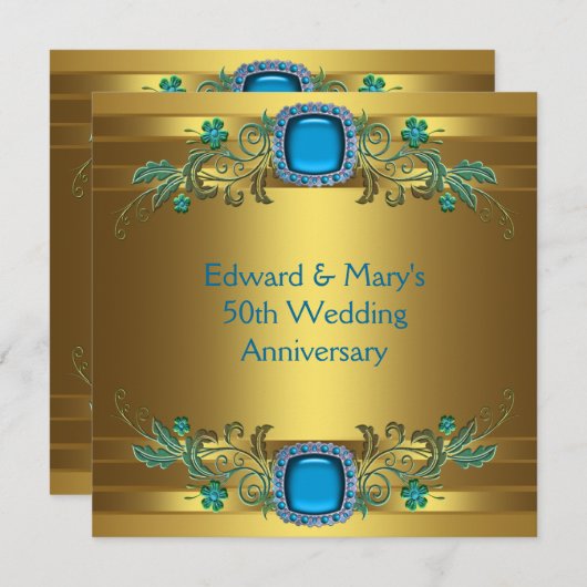 ターコイズブルー ゴールド 50周年 結婚記念日 パーティー 招待状 (正面/裏面)
