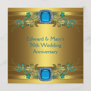 ターコイズブルー ゴールド 50周年 結婚記念日 パーティー 招待状