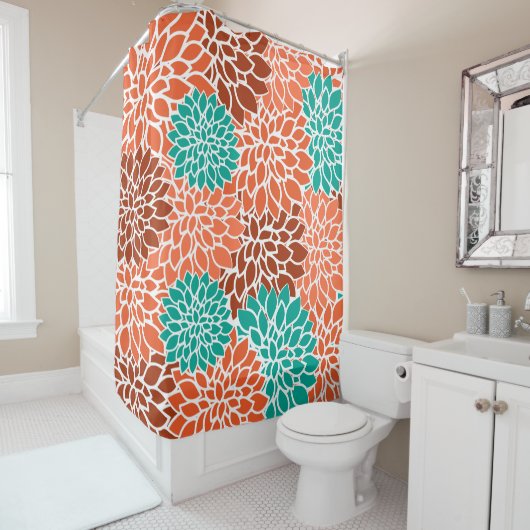 ターコイズブルー、サンゴ、ブロンズの花のコラージュ シャワーカーテン (インサイチュ)