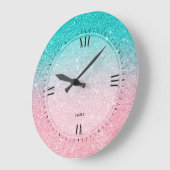 ターコイズブルー&サーモンピンクフェイクグリッター ラージ壁時計 (傾斜)