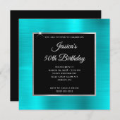 ターコイズブルー&シルバーフォイルブラック50誕生日 招待状 (正面/裏面)