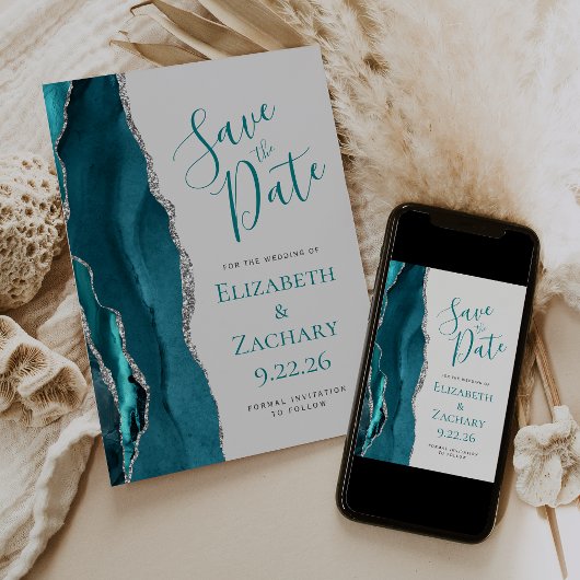ターコイズブルー シルバー アゲート グレー Save the Date カード