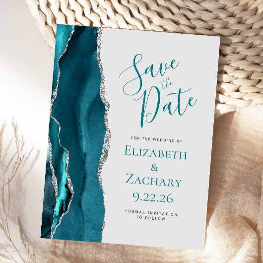 ターコイズブルー シルバー アゲート グレー Save the Date 案内ポストカード