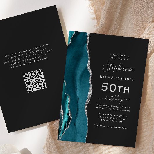 ターコイズブルー シルバー アゲート QR コード 50歳の誕生日 招待状