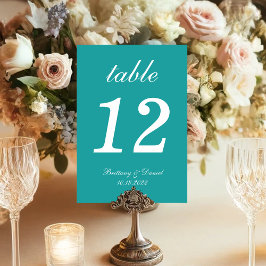 ターコイズブルー シンプル ホワイト スクリプト カリグラフィー ウェディング テーブルナンバー