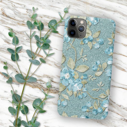 ターコイズブルー+シーフォームグリーン+ティールブルーの花柄ウォーターカラー iPhoneケース