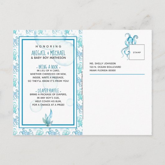 ターコイズブルー タコのベイビーシャワー 海の生き物たち 男子だよ インビテーションポストカード (裏面)