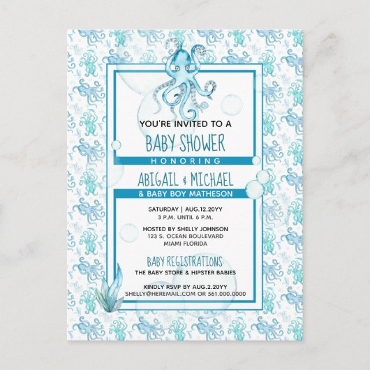 ターコイズブルー タコのベイビーシャワー 海の生き物たち 男子だよ インビテーションポストカード (正面)