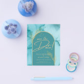 ターコイズブルー+テアルグリーン+ゴールドの抽象的な結婚式のSave+DATE チラシ (シングル)