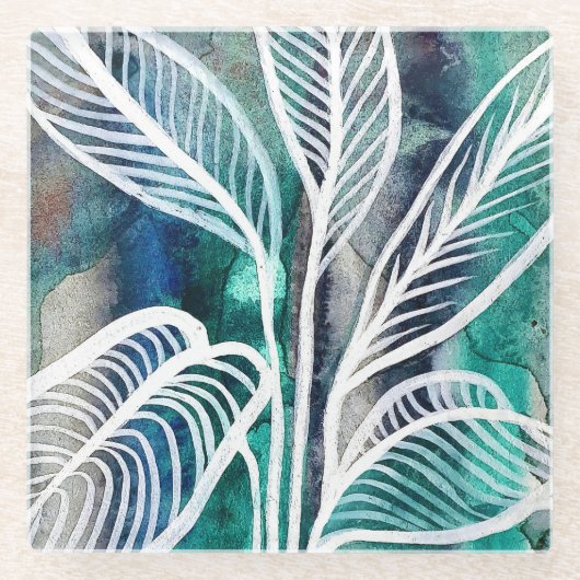 ターコイズブルー&ティール(緑がかった色)モダンボタニカルウォーター ガラスコースター (正面)