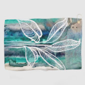 ターコイズブルー&ティール(緑がかった色)モダンボタニカルウォーター ゴルフタオル (横)