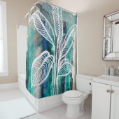 ターコイズブルー&ティール（緑がかった色）モダンボタニカルウォーター シャワーカーテン (インサイチュ)