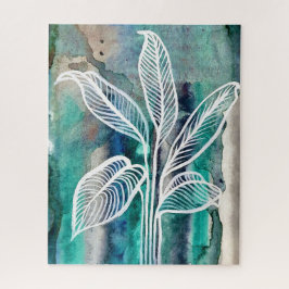 ターコイズブルー&ティール（緑がかった色）モダンボタニカルウォーター ジグソーパズル