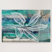 ターコイズブルー&ティール（緑がかった色）モダンボタニカルウォーター ジグソーパズル (横)