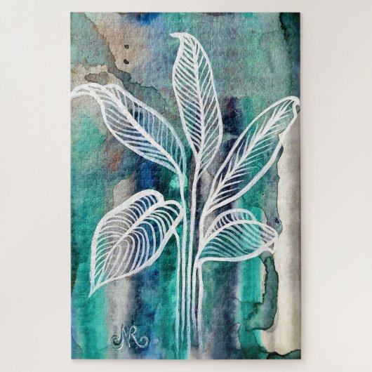 ターコイズブルー&ティール（緑がかった色）モダンボタニカルウォーター ジグソーパズル (縦)