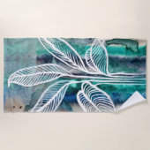 ターコイズブルー&ティール（緑がかった色）モダンボタニカルウォーター ビーチタオル (正面)