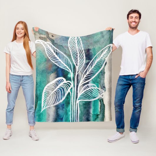 ターコイズブルー&ティール（緑がかった色）モダンボタニカルウォーター フリースブランケット (インサイチュ)