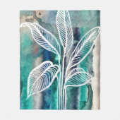 ターコイズブルー&ティール（緑がかった色）モダンボタニカルウォーター フリースブランケット (正面)