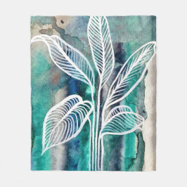 ターコイズブルー&ティール（緑がかった色）モダンボタニカルウォーター フリースブランケット