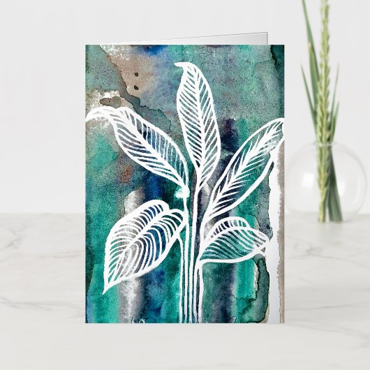 ターコイズブルー&ティール（緑がかった色）モダンボタニカルウォーター 箔グリーティングカード (正面)