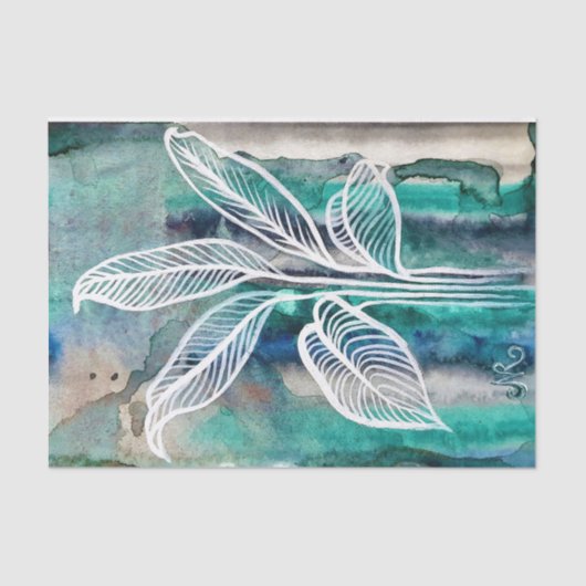 ターコイズブルー&ティール(緑がかった色)モダンボタニカルウォーター 薄葉紙 (正面)