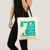 ターコイズブルー ネコ好きのためのトートバッグ Keep calm and love cats トートバッグ (正面(商品))