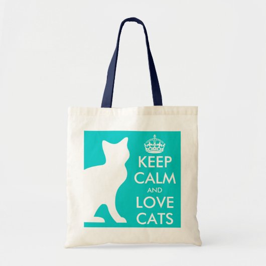 ターコイズブルー ネコ好きのためのトートバッグ Keep calm and love cats トートバッグ (正面)