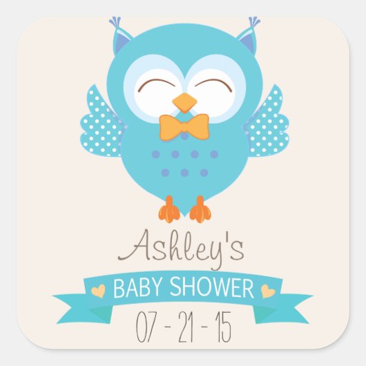 ターコイズブルー&パープルボーイフクロウ赤ちゃんシャワー スクエアシール (正面)