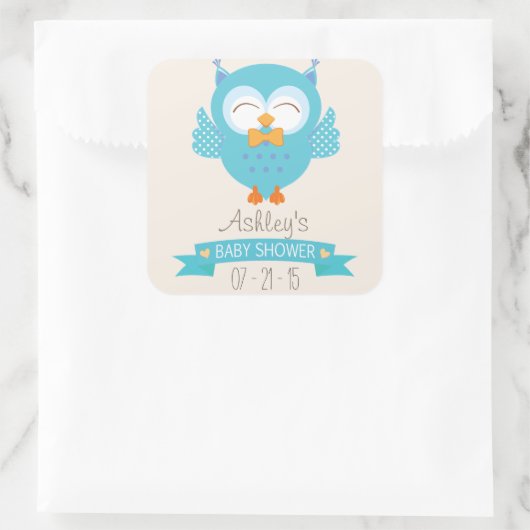 ターコイズブルー&パープルボーイフクロウ赤ちゃんシャワー スクエアシール (バッグ)