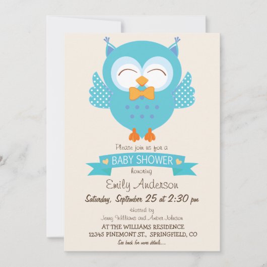 ターコイズブルー&パープルボーイフクロウ赤ちゃんシャワー 招待状 (正面)