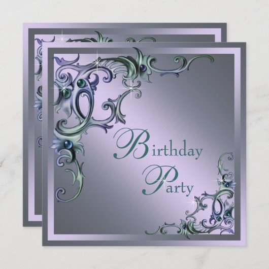 ターコイズブルー パープル ワーマンの エニーナンバー バースデーパーティ 招待状 (正面/裏面)