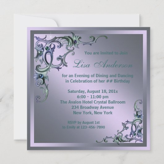 ターコイズブルー パープル ワーマンの エニーナンバー バースデーパーティ 招待状 (裏面)