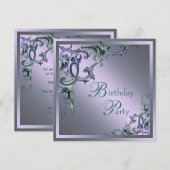 ターコイズブルー パープル 女性 誕生日パーティー 招待状 (正面/裏面)