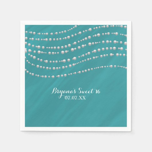ターコイズブルー&パールエレガントブライダルシャワー スタンダードカクテルナプキン (正面)