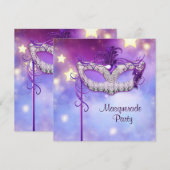 ターコイズブルー ピンク パープル マスカレードパーティー 招待状 (正面/裏面)