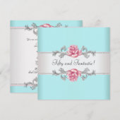 ターコイズブルー ピンク ローズ 女性の50歳誕生日パーティー 招待状 (正面/裏面)